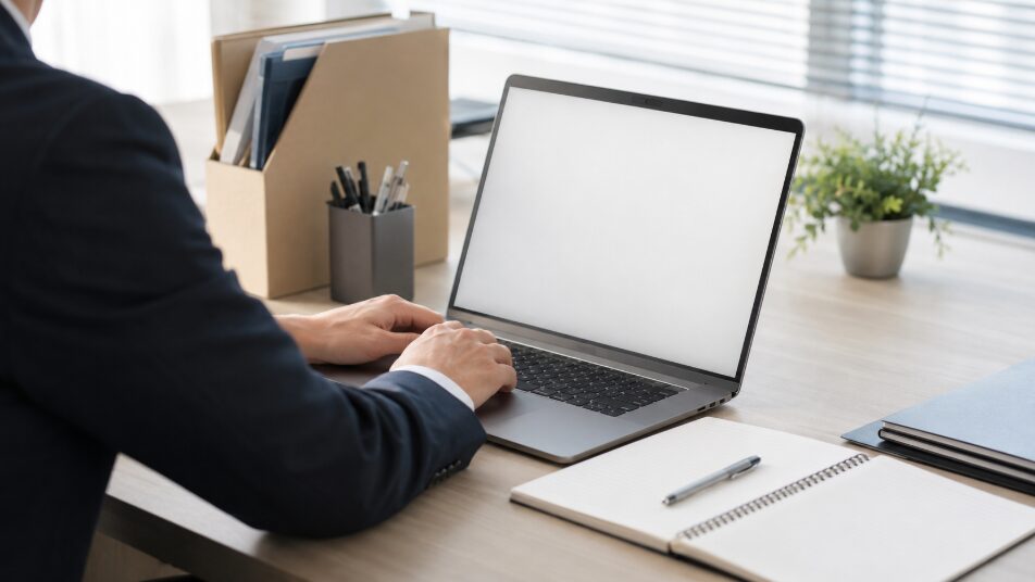 ビジネスメールの敬語表現を確認する日本人会社員のデスク風景