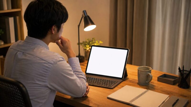 「ご承知おきのほど」を使ってよいか迷いながらメール文面を確認する日本人男性