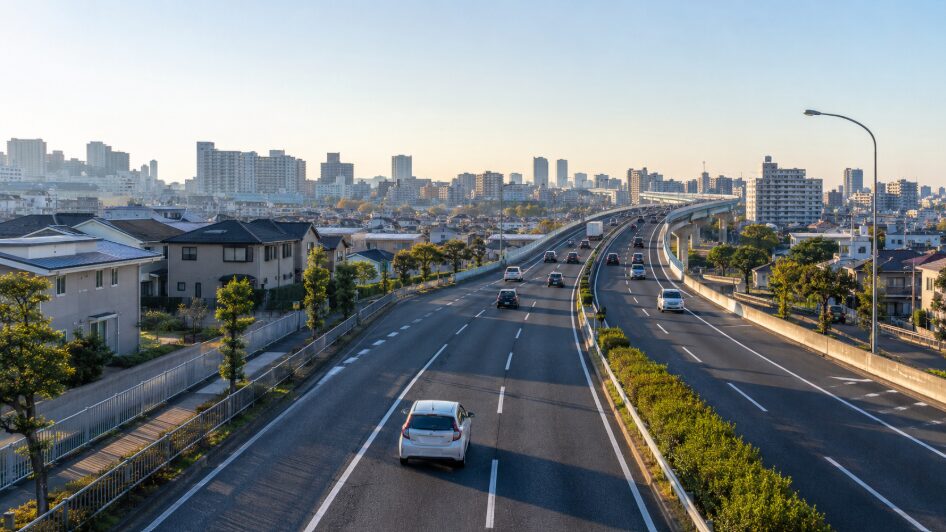 日本の市街地を走る車と高速道路、15キロの車移動をイメージした風景