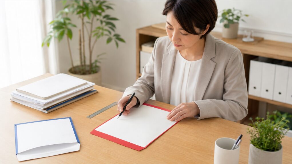 レターパックの宛名と敬称を確認する日本人女性