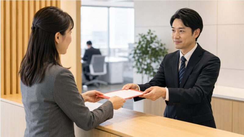仕事相手へレターパックを丁寧に手渡す日本人会社員