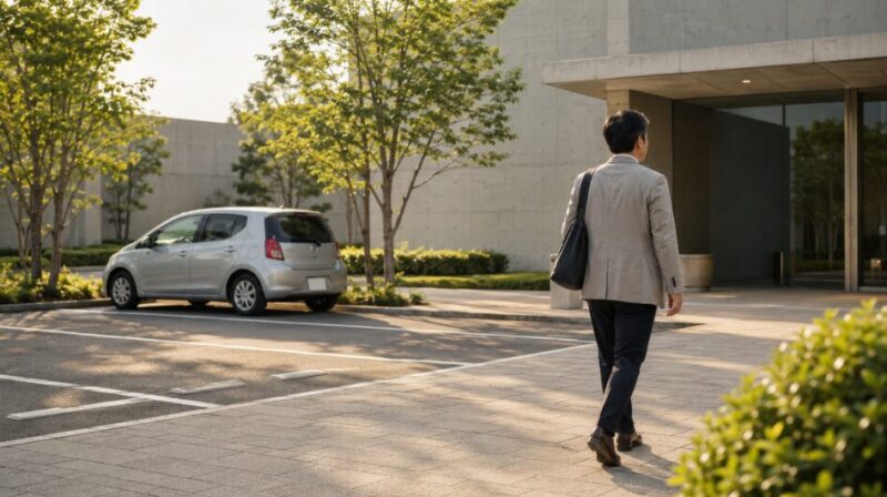 駐車後に目的地へ歩く日本人男性と余裕を持った到着の様子