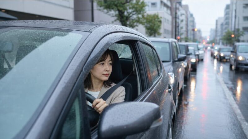 雨の市街地で渋滞に巻き込まれる日本人ドライバー