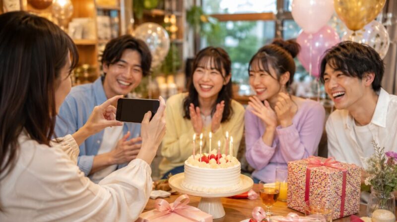 誕生日ケーキを囲む日本人の友人たちをスマートフォンで撮影し、SNSでお祝いする様子