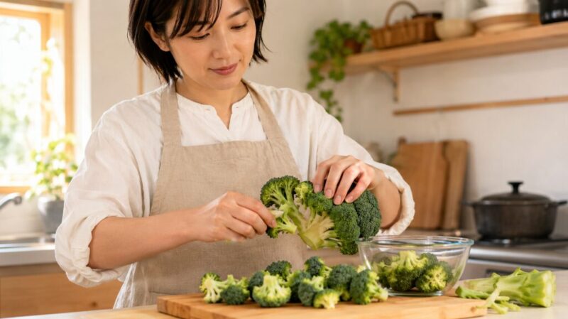 日本人女性がキッチンでブロッコリーを小房に分けて料理の下ごしらえをしている画像