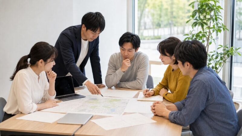 綿密な計画を立てるために資料を囲んで打ち合わせをする日本人のチーム