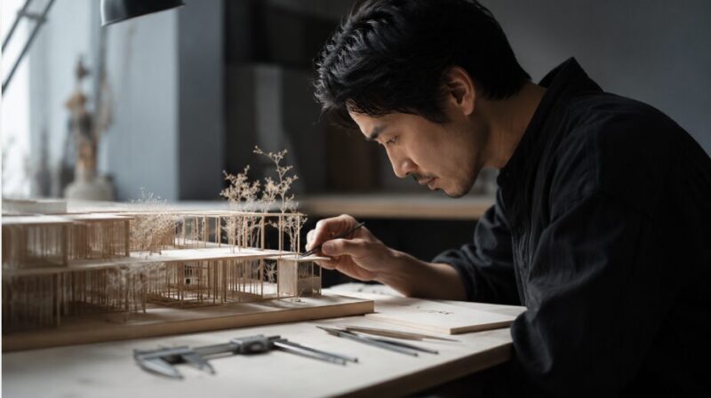 緻密な設計に基づいて建築模型の細部を仕上げる日本人男性