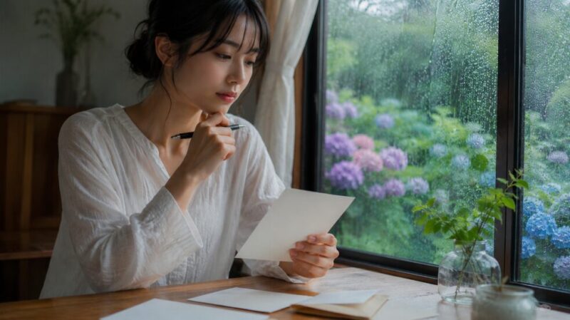梅雨の雨を眺めながら、7月上旬の時候の挨拶に合う言葉を考える女性