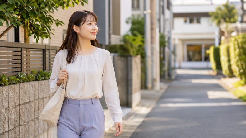 住宅街を普通の速さで歩く日本人女性、300mの徒歩時間をイメージできる写真