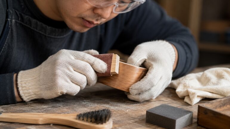 保護メガネと手袋を着用し、紙やすりで木材を安全に研磨する様子