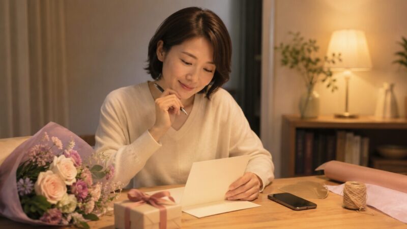 相手に合わせた誕生日メッセージを考えながらカードとプレゼントを準備する日本人女性