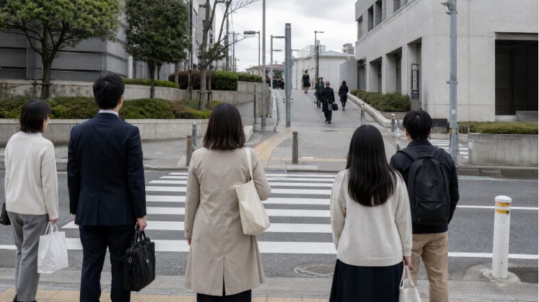 信号待ちと坂道で300mの徒歩時間が長くなりやすい街中の歩行風景