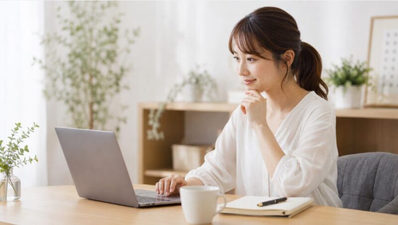 「一転」と「二転三転」を正しく使い分け、パソコンで文章を見直す日本人女性