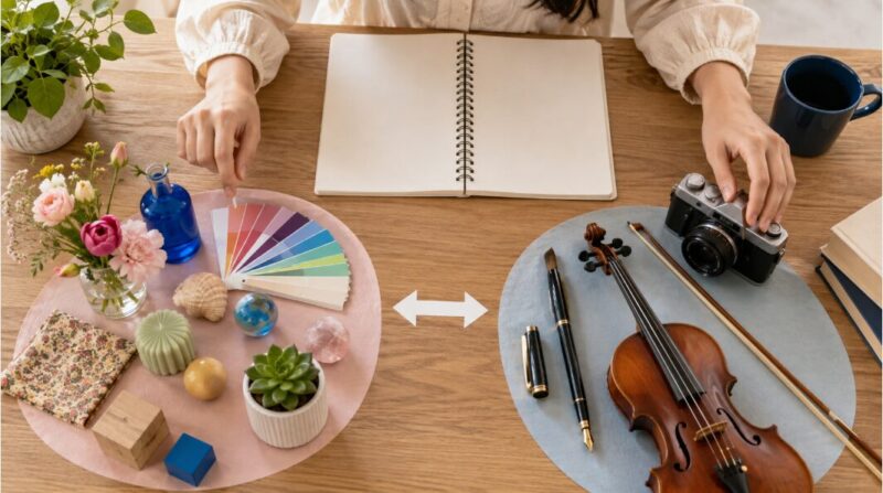 多彩を表す色や種類と、多才を表す楽器やカメラを並べて違いを比較する学習風景